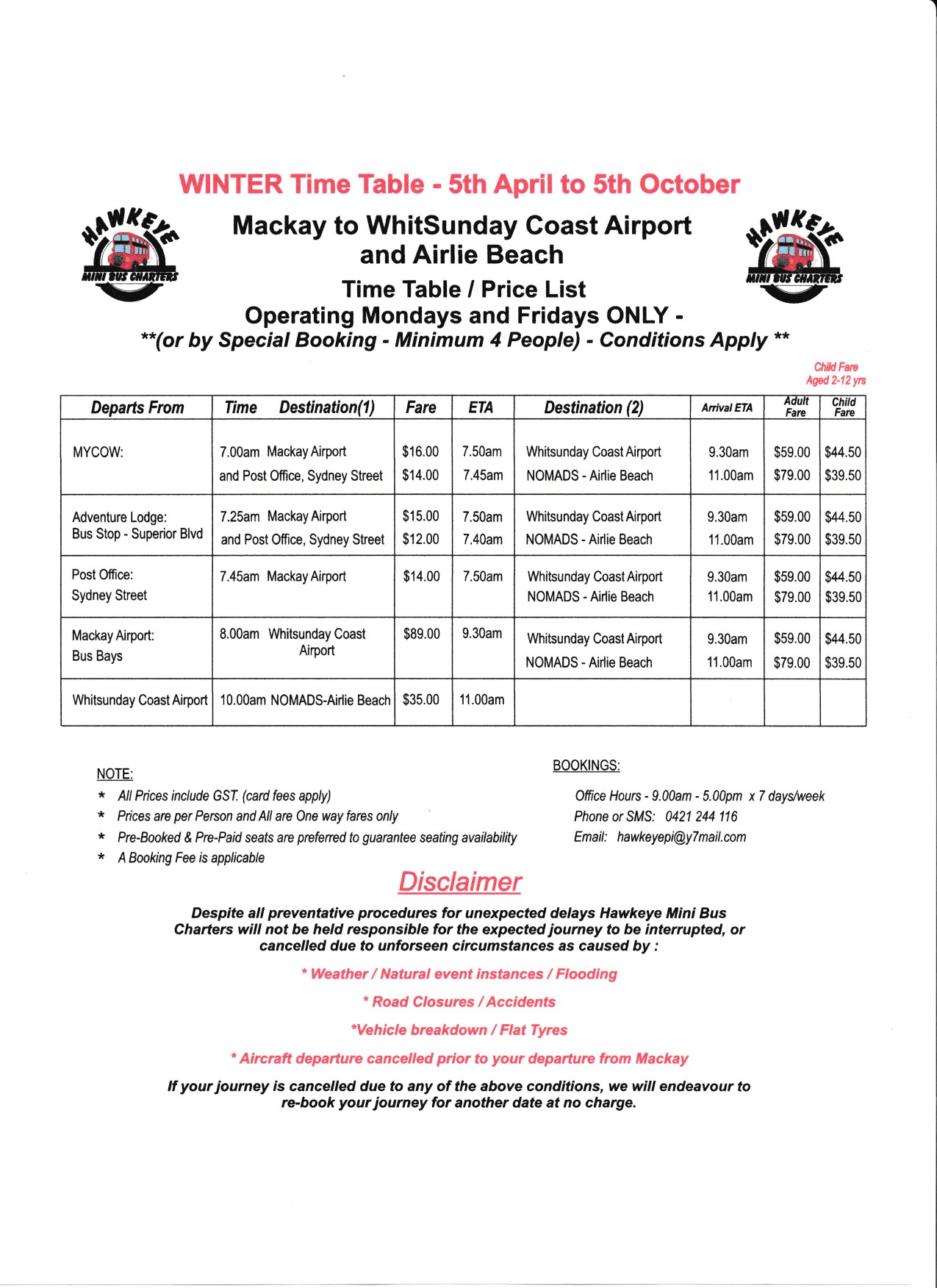 Winter Timetable Hawkeye Transfers